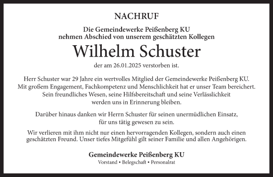 Traueranzeige von Wilhelm Schuster von merkurtz