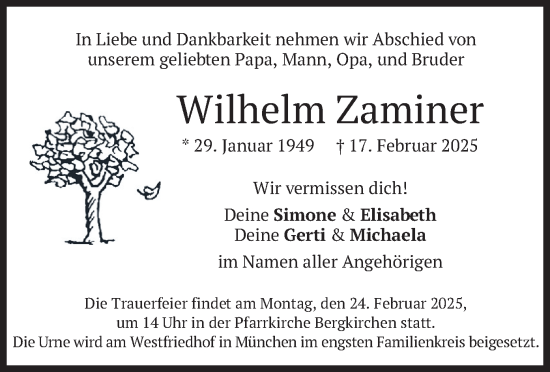 Traueranzeige von Wilhelm Zaminer von merkurtz