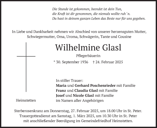 Traueranzeige von Wilhelmine Glasl von merkurtz