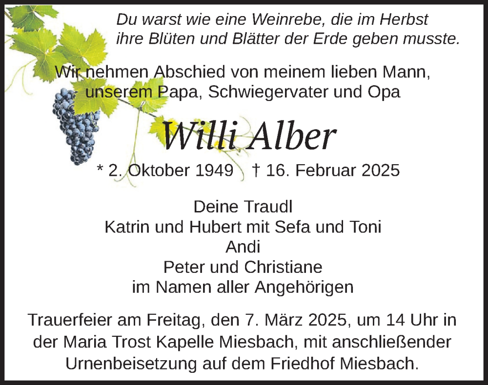  Traueranzeige für Willi Alber vom 22.02.2025 aus merkurtz