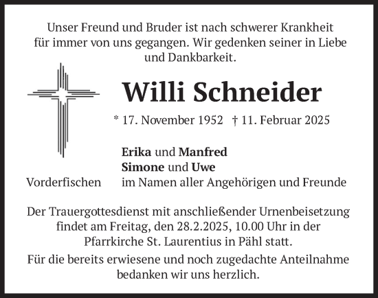 Traueranzeige von Willi Schneider von merkurtz