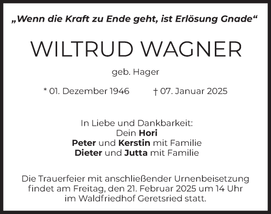 Traueranzeige von Wiltrud Wagner von merkurtz