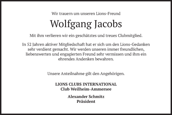 Traueranzeige von Wolfgang Jacobs von merkurtz