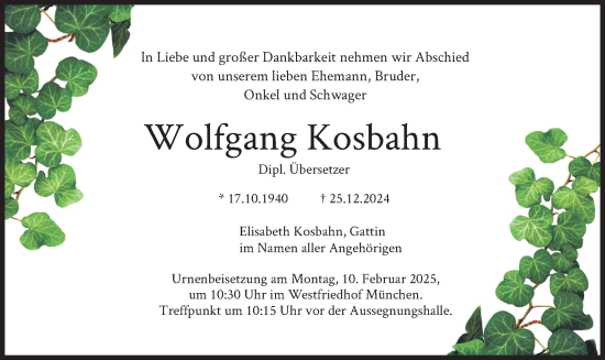 Traueranzeige von Wolfgang Kosbahn von merkurtz