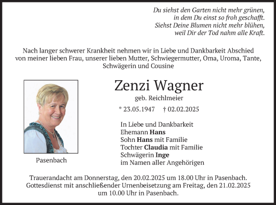 Traueranzeige von Zenzi Wagner von merkurtz