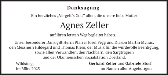 Traueranzeige von Agnes Zeller von merkurtz