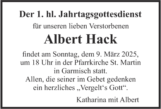 Traueranzeige von Albert Hack von merkurtz