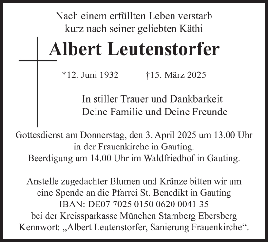 Traueranzeige von Albert Leutenstorfer von merkurtz