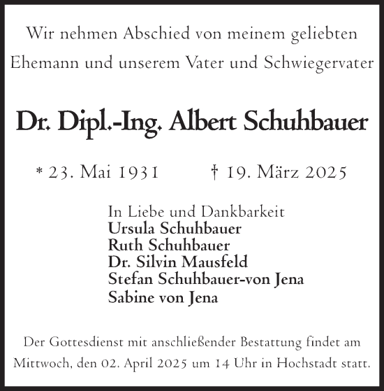 Traueranzeige von Albert Schuhbauer von merkurtz