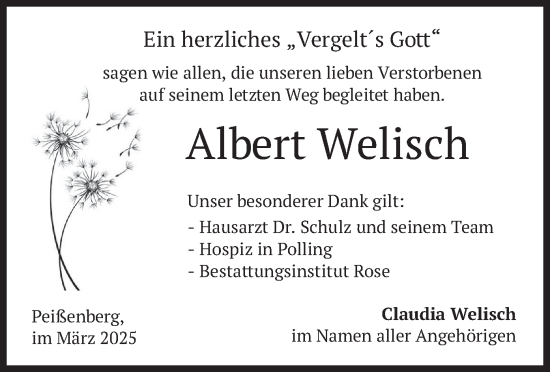 Traueranzeige von Albert Welisch von merkurtz