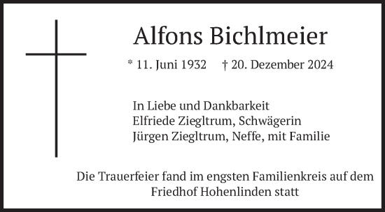 Traueranzeige von Alfons Bichlmeier von merkurtz