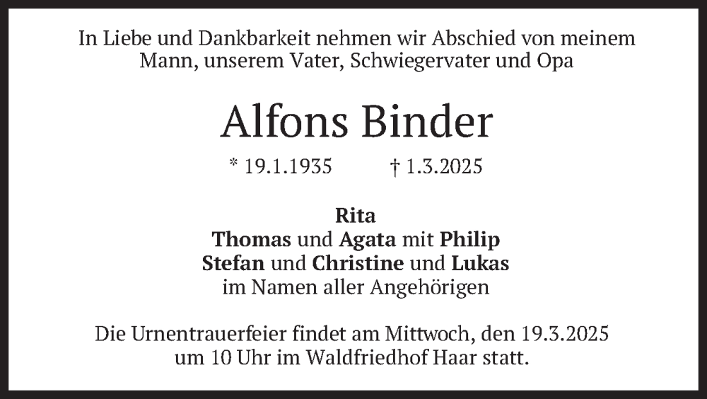  Traueranzeige für Alfons Binder vom 08.03.2025 aus merkurtz