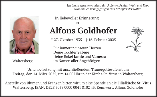 Traueranzeige von Alfons Goldhofer von merkurtz