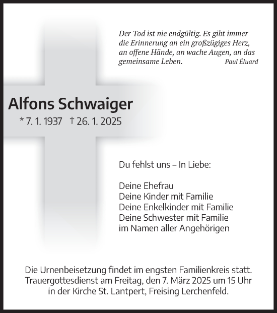 Traueranzeige von Alfons Schwaiger von merkurtz