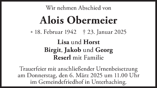 Traueranzeige von Alois Obermeier von merkurtz