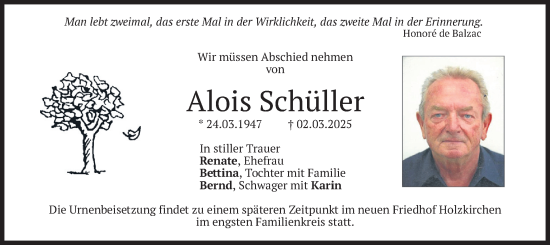 Traueranzeige von Alois Schüller von merkurtz