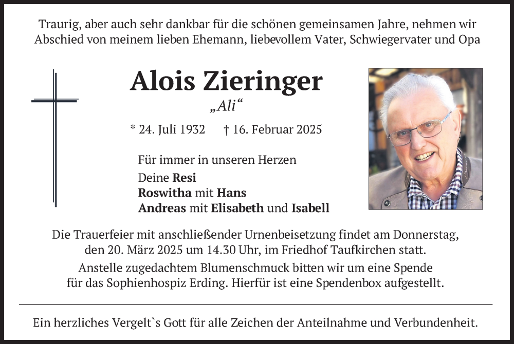  Traueranzeige für Alois Zieringer vom 15.03.2025 aus merkurtz