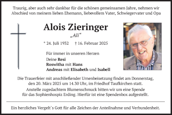 Traueranzeige von Alois Zieringer von merkurtz