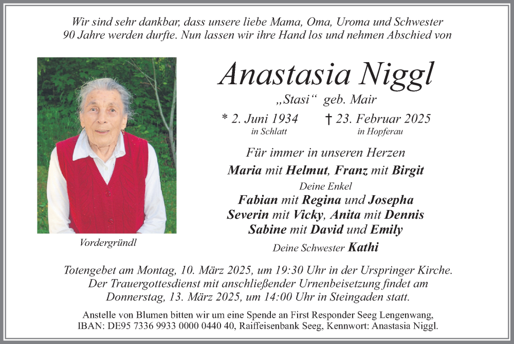  Traueranzeige für Anastasia Niggl vom 07.03.2025 aus merkurtz