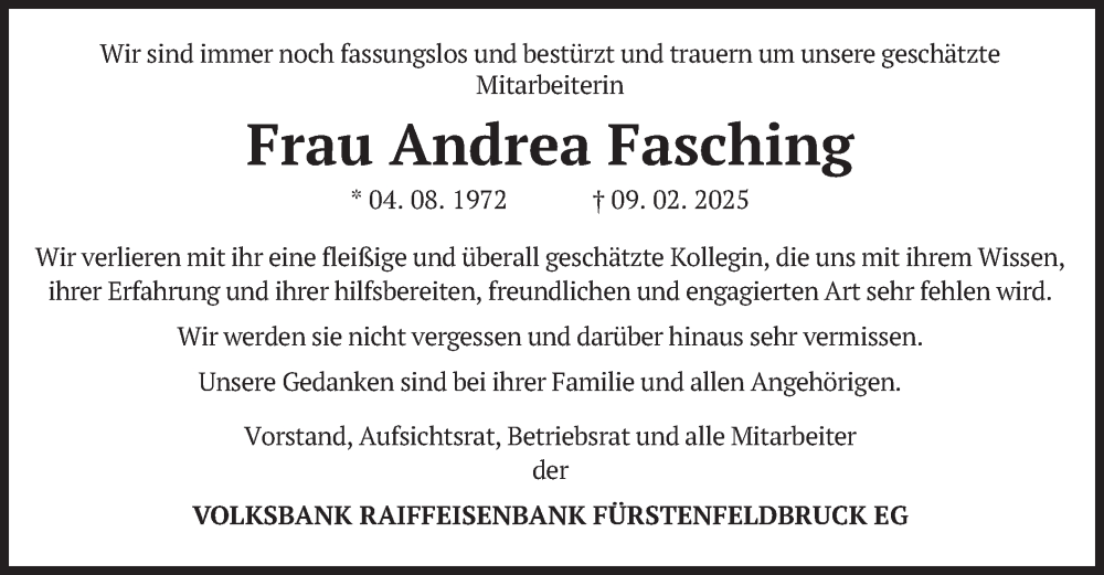  Traueranzeige für Andrea Fasching vom 15.03.2025 aus merkurtz