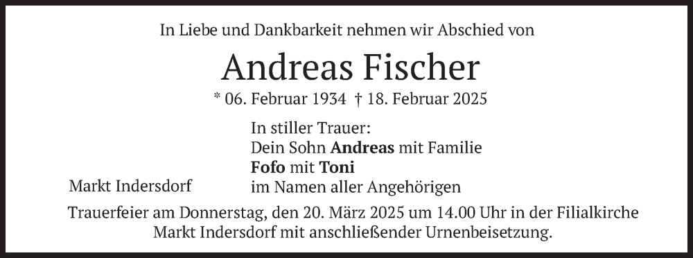  Traueranzeige für Andreas Fischer vom 15.03.2025 aus merkurtz