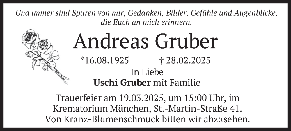  Traueranzeige für Andreas Gruber vom 15.03.2025 aus merkurtz