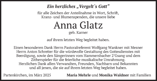 Traueranzeige von Anna Glatz von merkurtz