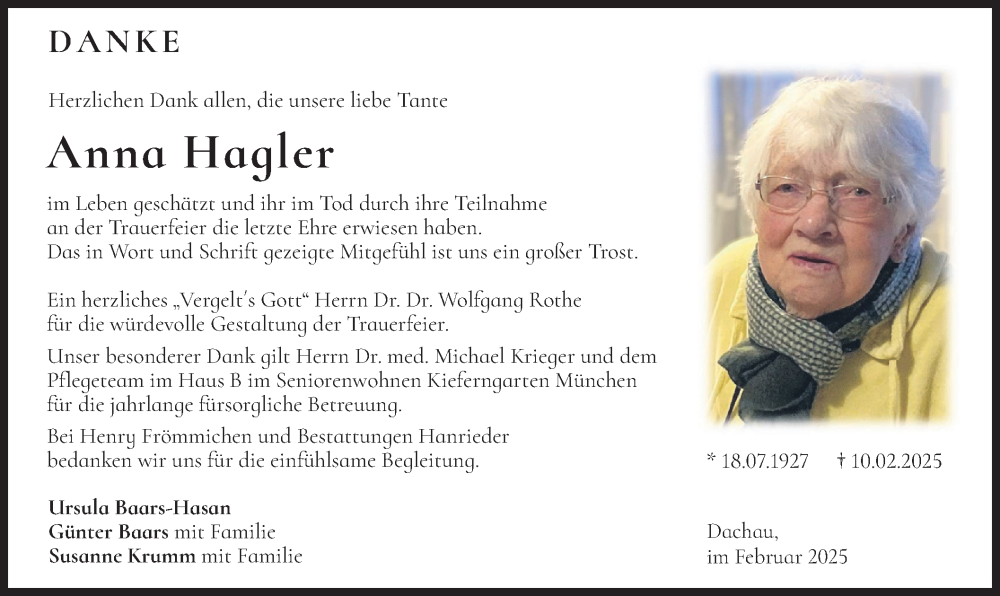  Traueranzeige für Anna Hagler vom 01.03.2025 aus merkurtz