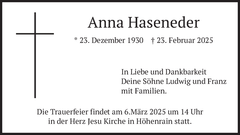  Traueranzeige für Anna Haseneder vom 01.03.2025 aus merkurtz