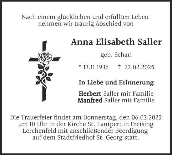 Traueranzeige von Anna Elisabeth Saller von merkurtz