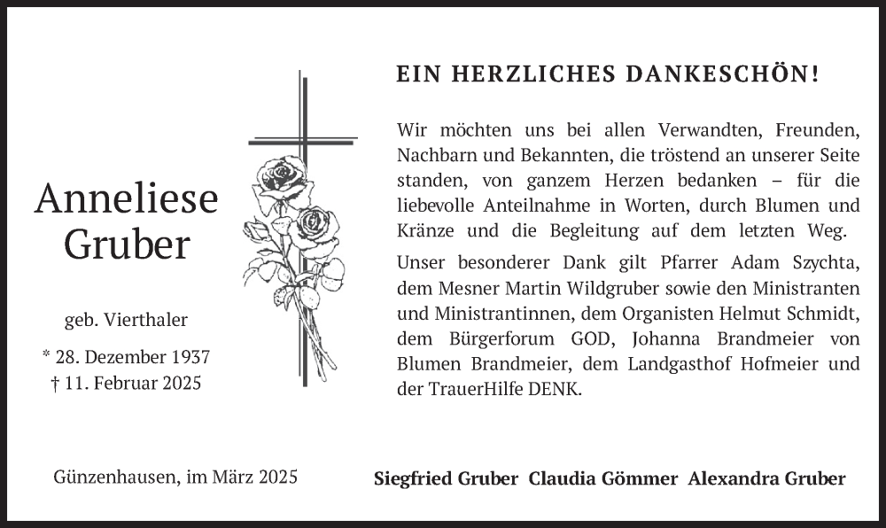  Traueranzeige für Anneliese Gruber vom 08.03.2025 aus merkurtz
