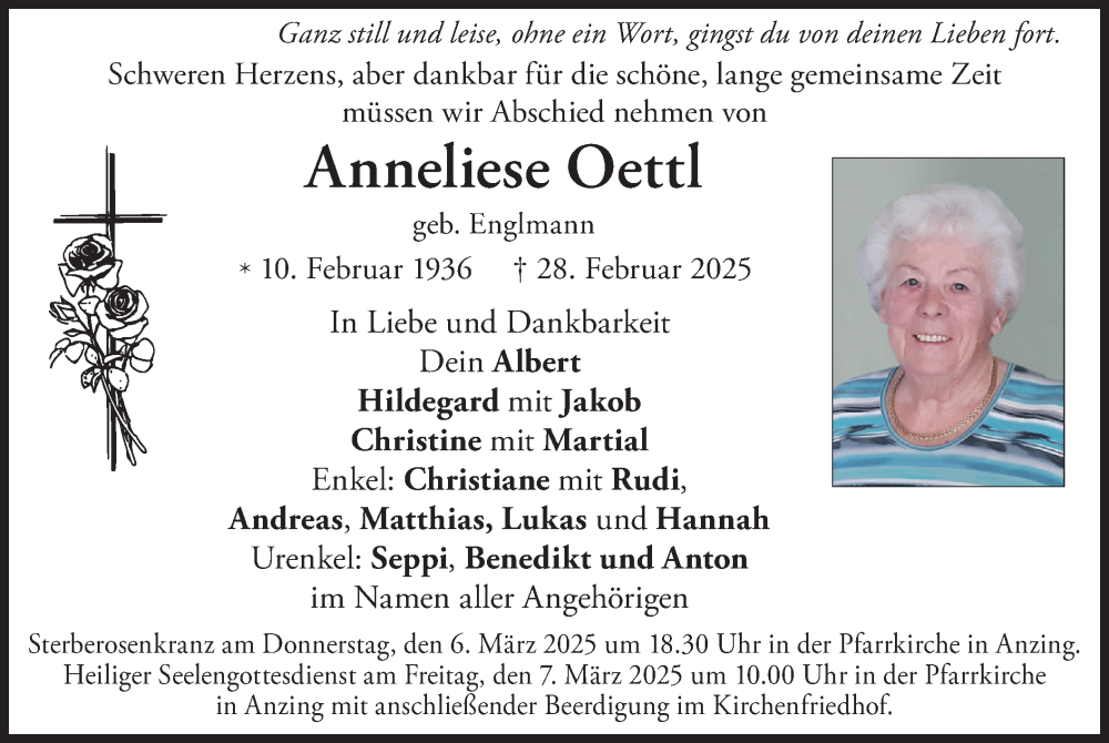  Traueranzeige für Anneliese Oettl vom 04.03.2025 aus merkurtz