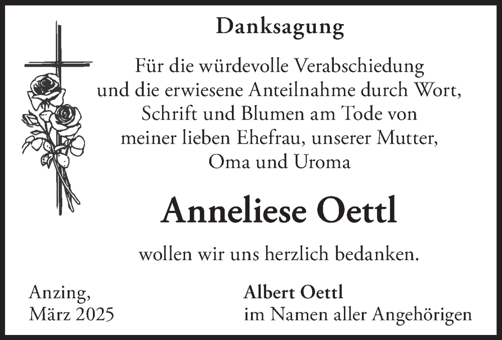  Traueranzeige für Anneliese Oettl vom 15.03.2025 aus merkurtz
