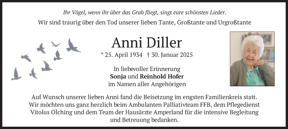  Traueranzeige für Anni Diller vom 08.03.2025 aus merkurtz
