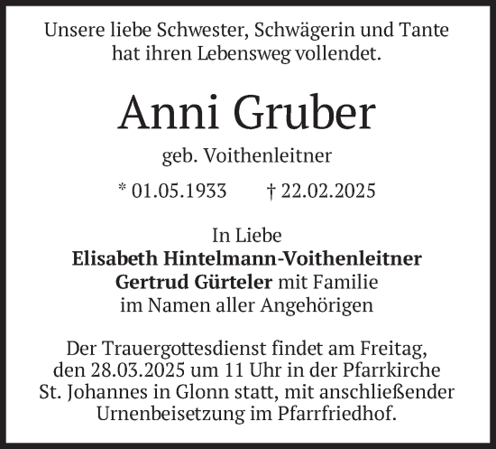 Traueranzeige von Anni Gruber von merkurtz