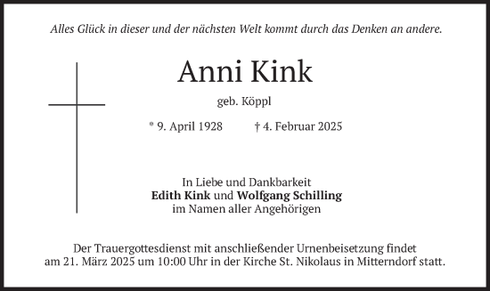 Traueranzeige von Anni Kink von merkurtz