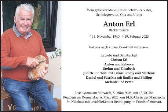 Traueranzeige von Anton Erl von merkurtz