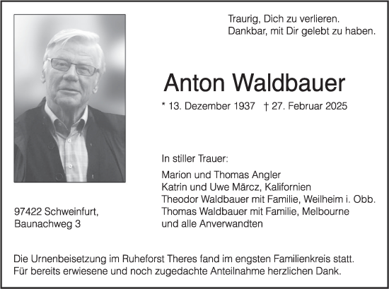 Traueranzeige von Anton Waldbauer von merkurtz
