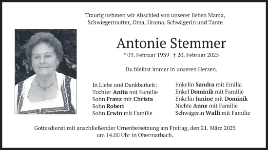 Traueranzeige von Antonie Stemmer von merkurtz