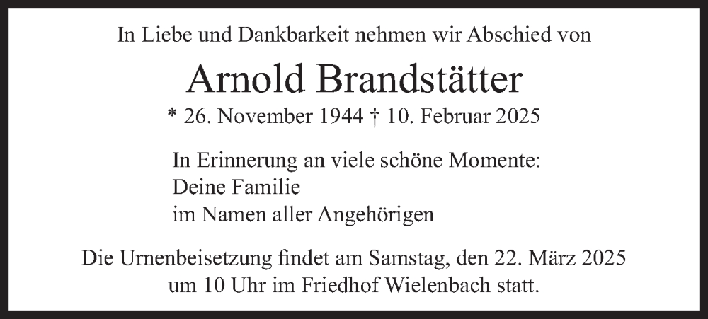  Traueranzeige für Arnold Brandstätter vom 15.03.2025 aus merkurtz