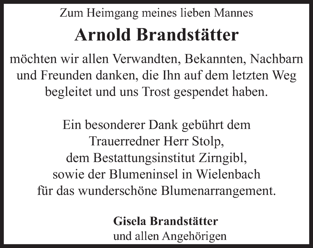 Traueranzeige für Arnold Brandstätter vom 29.03.2025 aus merkurtz