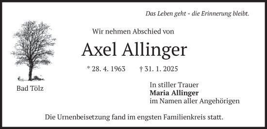 Traueranzeige von Axel Allinger von merkurtz