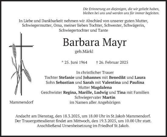 Traueranzeige von Barbara Mayr von merkurtz