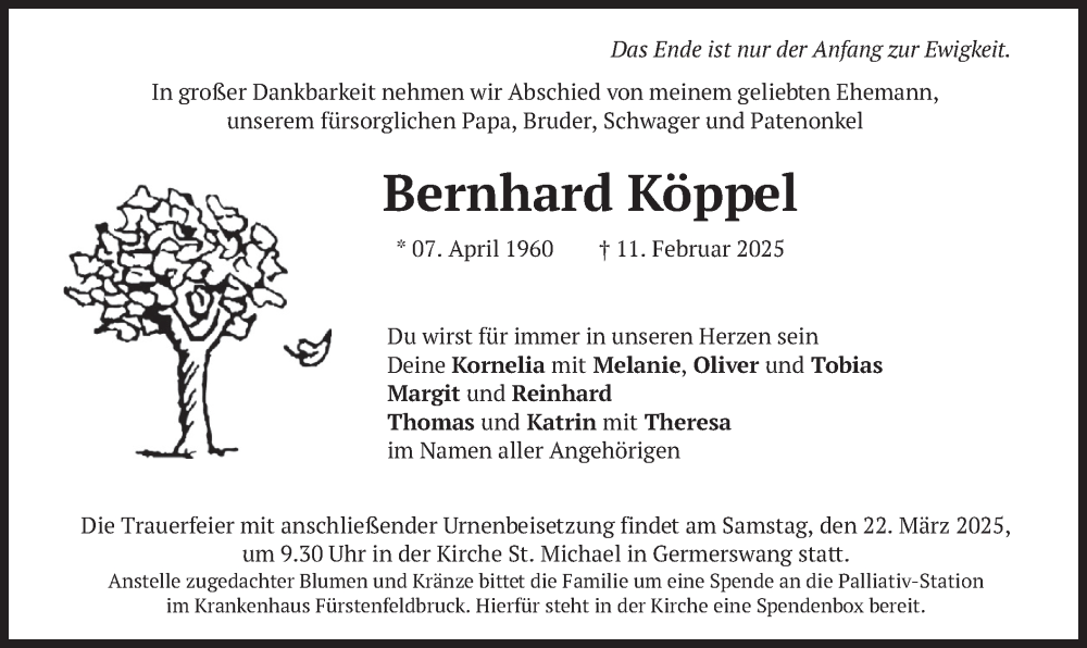 Traueranzeige für Bernhard Köppel vom 15.03.2025 aus merkurtz