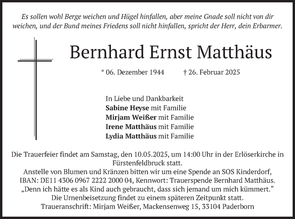  Traueranzeige für Bernhard Ernst Matthäus vom 15.03.2025 aus merkurtz