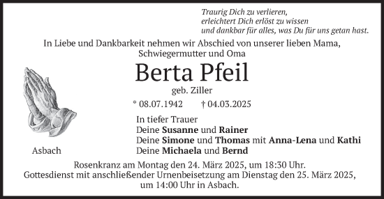 Traueranzeige von Berta Pfeil von merkurtz