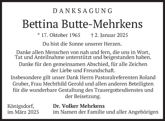 Traueranzeige von Bettina Butte-Mehrkens von merkurtz