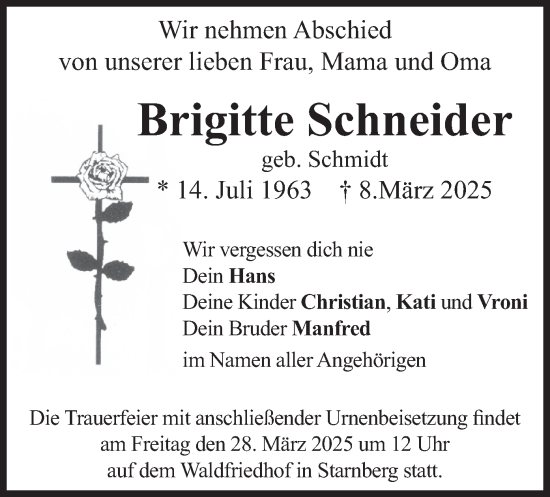 Traueranzeige von Brigitte Schneider von merkurtz