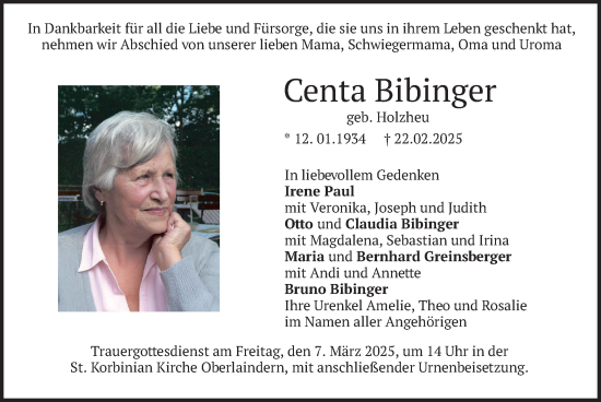 Traueranzeige von Centa Bibinger von merkurtz