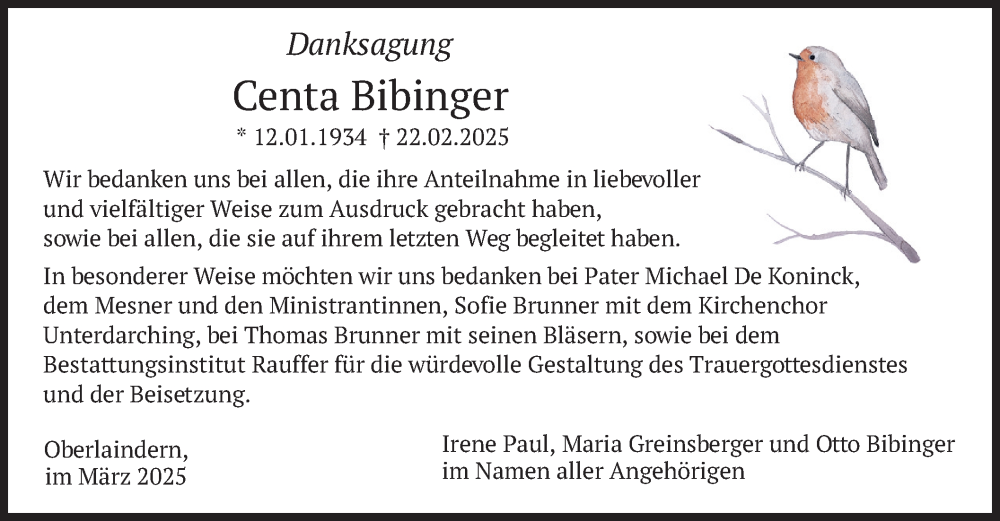  Traueranzeige für Centa Bibinger vom 29.03.2025 aus merkurtz